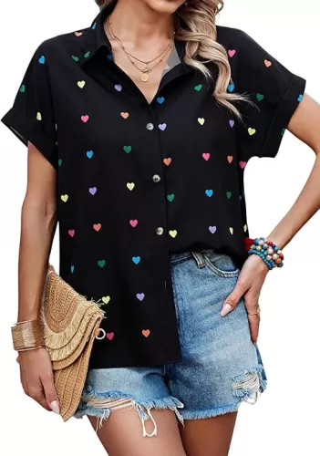 SOLY HUX Women's Button Down Short Sleeve Shirts Heart Print Blouse Summer Business Casual Tops