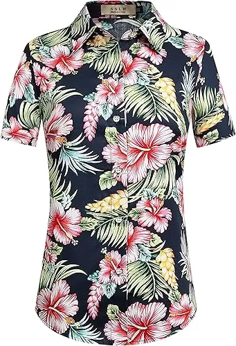 SSLR Womens Hawaiian Shirts Short Sleeve Blouses Casual Button Down Shirts for Women