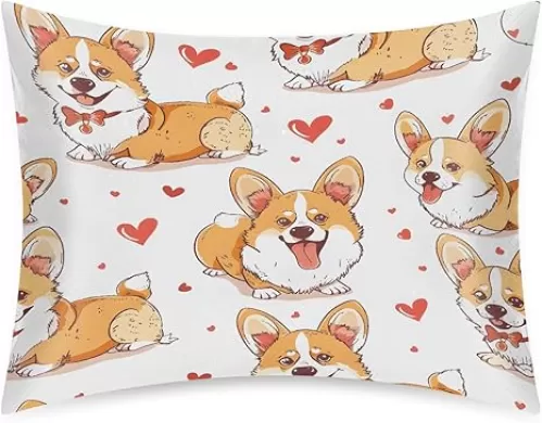 Standard Size Silk Satin Pillowcase for Hair and Skin Pillow Case Soft Slip Cooling Dog Corgi Heart Cute Pillow Covers with Envelope Closure for Sleeping Women Men Kids 20 * 26in 1 pcs