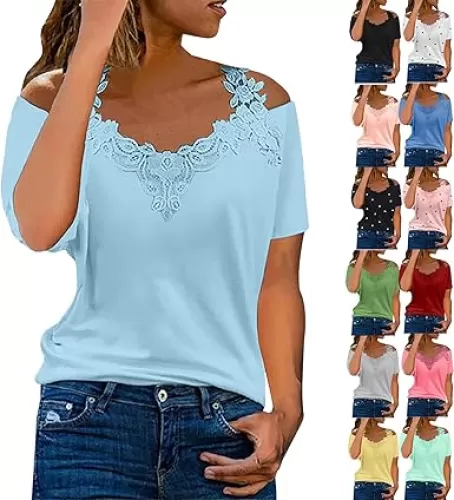 Summer Cold Shoulder Tops for Women Lace Short Sleeve V Neck Blouses Loose Casual Graphic Tee Shirts Pullover