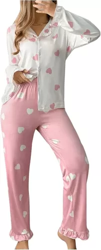 SweatyRocks Women's 2 Piece Pajama Set Long Sleeve Ruffle Heart Print Button Down Top and Pants Sleepwear