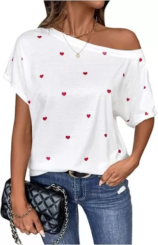 SweatyRocks Women's Heart Print Off The Shoulder T Shirt Short Sleeve Asymmetrical Neck Tee Tops