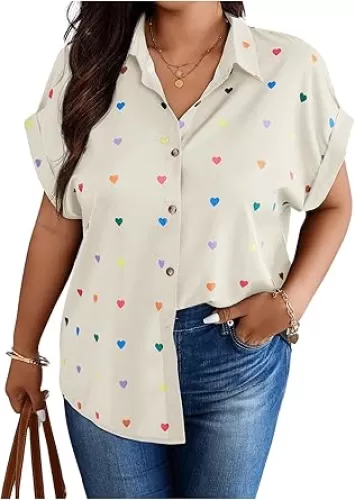 SweatyRocks Women's Heart Print Short Sleeve Button Down Shirt Top Collared Neck Summer Holiday Blouses