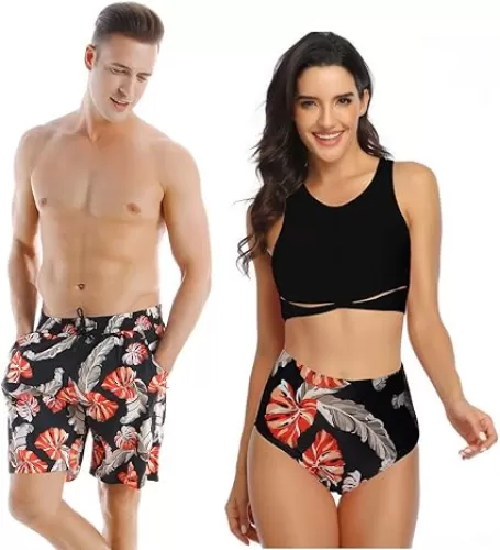 Swimsuit for Couples Matching Swimwear Tropical Plant Monstera Men Swim Trunks Women Bikini 2-Piece Suit