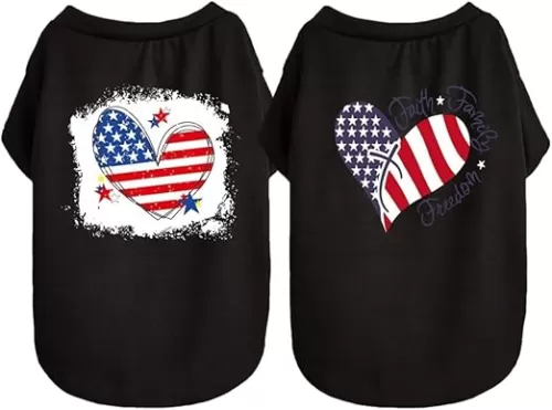 Tangpan 2 Pack Heart American Flag Pet Dog Shirt Puppy 4th of July Holiday T Shirt Clothes (Black, XS)