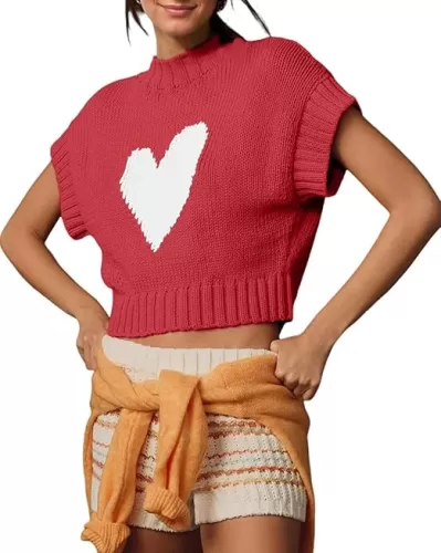 Tanou Womens Cap Sleeve Sweater Vest Mock Neck Crop Sweaters Causal Heart Knit Rib Hem Pullover Loose Fit Tank Top