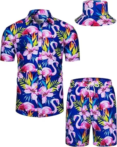 TUNEVUSE Mens Hawaiian Shirts and Shorts Set 2 Pieces Beach Outfits Flower Print Summer Tropical Suit with Bucket Hats