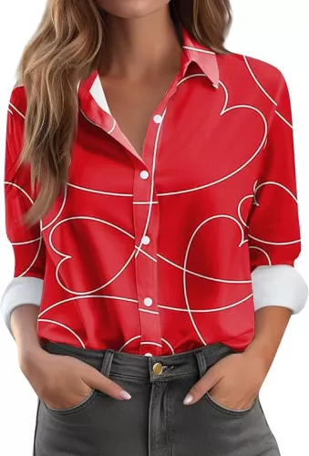 Valentines Tops for Women Button Down Shirts Heart Blouses Dressy Casual Lapel Collar Long Sleeve Soft Comfy T Shirt