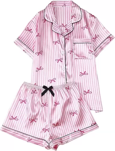 Verdusa Women's 2 Piece Satin Pajamas Short Sleeve Button Down Top and Shorts Set