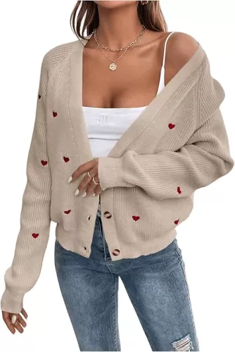 Verdusa Women's Cute Heart Print Button Down Cardigan Cute V Neck Long Sleeve Knit Sweater Cardigan