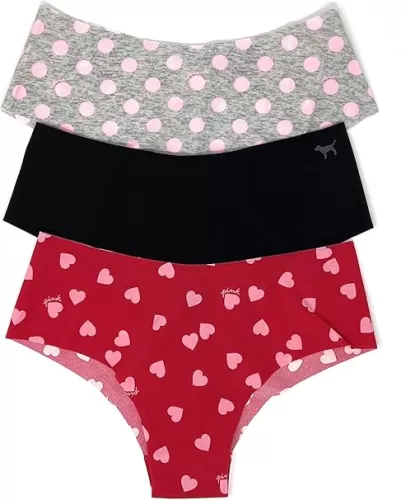 Victoria's Secret PINK Cheekster Panty Set of 3 Small No Show Gray Dot/Black/Red Hearts