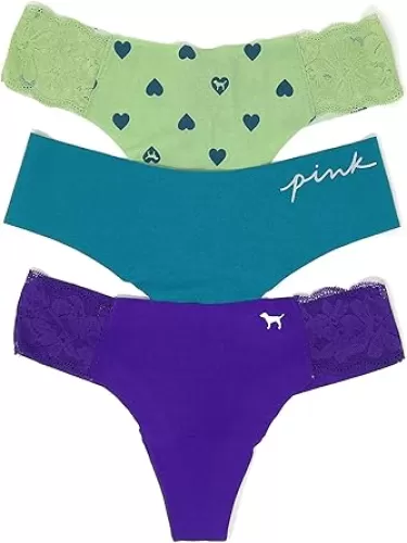 Victoria's Secret PINK Thong Panty Set of 3 Medium No-show Lace Light Pink/Maroon/Red Cherry Hearts