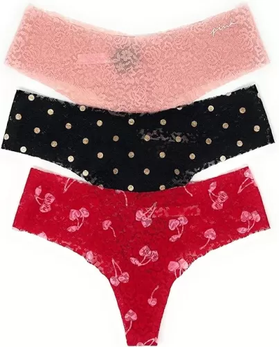 Victoria's Secret PINK Thong Panty Set of 3 Small No-show Lace Light Pink/Black Dot/Red Cherry Hearts