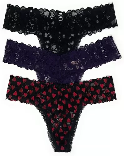 Victoria's Secret The Lacie Thong Panty Set of 3 Small Black Cross / Dark Plum Cross / Black Hearts