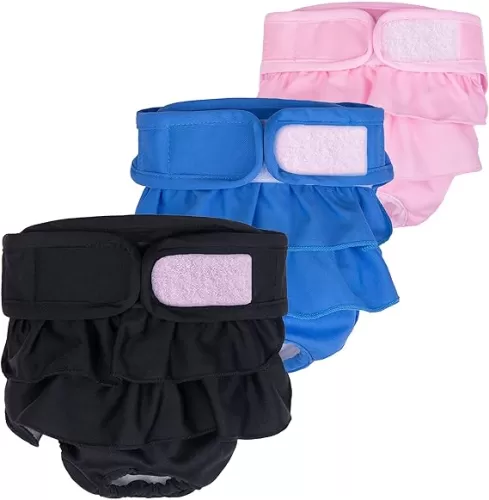 Washable Female Dog Diapers, Premium Doggie Diapers and Puppies Dogs Heat Panties for Girl Dogs Periods Reusable, Dog Princess Dress (Small Size (Pack of 3), Black Blue Pink)