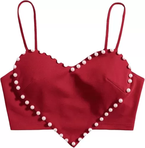 WDIRARA Women's Cami Heart Pearl Crop Top Sparkly Outfits