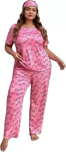 WDIRARA Women's Plus 3 Piece Heart Print Short Sleeve Top and Pants Pajama Set with Eye Mask