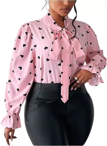 WDIRARA Women's Plus Size Heart Print Blouse Tie Neck Long Sleeve Shirt Tops