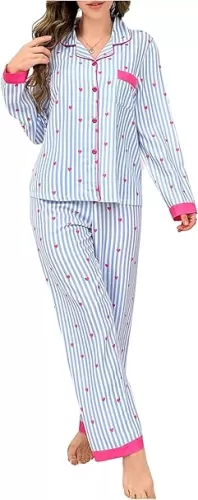 WDIRARA Women's Striped Heart Print Pajama Set Long Sleeve Button Down Pants Pjs Set 2 Piece Sleepwear