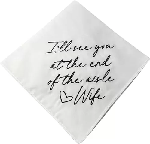 Wedding Handkerchief with Embroidered Message 'I'll see you at the end of the aisle', White Cotton