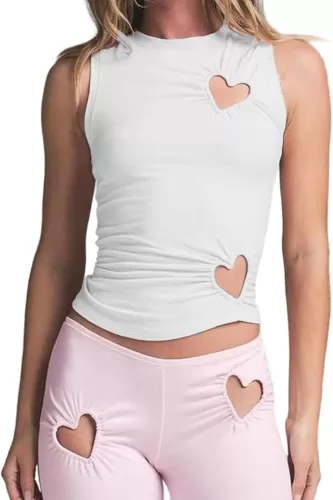 Women Y2K Round Neck Heart Shape Cut Out Crop Tank Top Sexy Sleeveless Ruched Asymmetrical Hem Cropped Cami Shirt