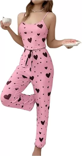 Women's 2 Piece Pajama Sets Heart Print Lettuce Trim Scoop Neck Camisole and Pants Loungewear Set