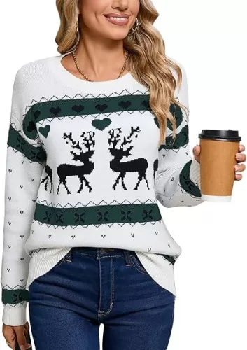 Womens Christmas Sweaters Long Sleeve Crew Neck Cute Multi-Hearts Knitted Casual Sweater