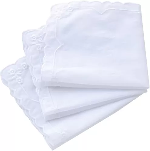 Women's Cotton Handkerchiefs Embroidered Scalloped White Hankies Ladies Wedding Gift
