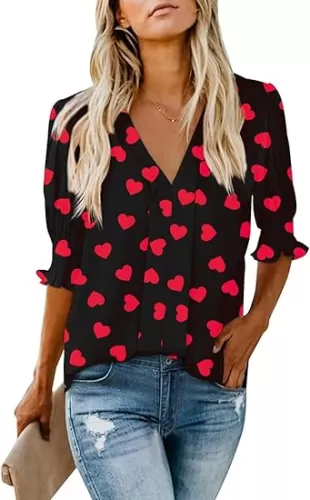 Women's Dressy Smocked Sleeve Deep V Neck Red White Blue American Flag Patriotic Blouses