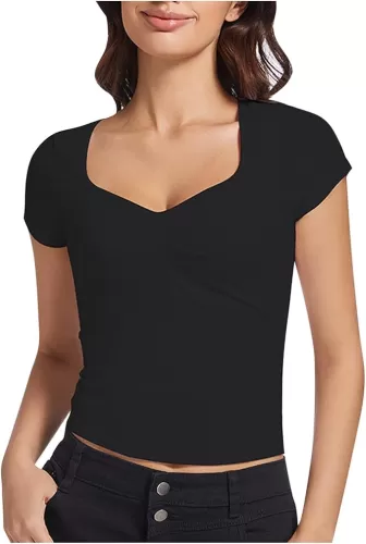 Women's Fashion Y2K Short Sleeve Shirts, Cute Heart Neck Going Out Trendy Tops Sexy Slim Fit Pleated Blouse