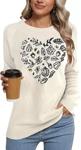 Women's Front Big Cute Heart Pullover Sweaters Long Sleeve Crew Neck Colorblock Sweater