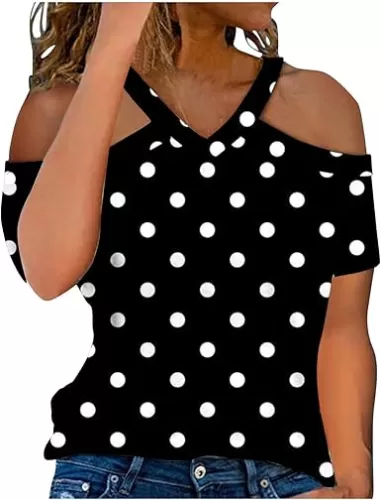 Womens Halter V Neck Cold Shoulder Tops Stripe Shirts Cut Out Shoulder Casual Gradient Tshirts Polka Dot Heart Tees
