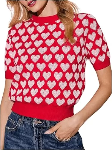 Women's Heart Graphic Sweater Crew Neck Short Sleeve Knit Pullover Tops