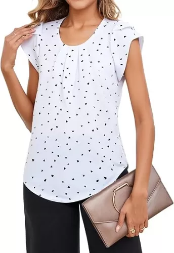 Women's Heart Print Petal Cap Sleeve Blouse Pleated Crew Neck Dressy Casual Tops