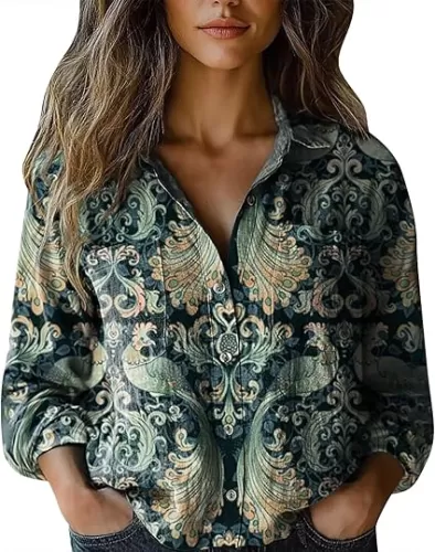 Womens Linen Button Down Shirts Retro Floral Printed V Neck Long Sleeve Blouse Collared Boho Casual Tops with Pocket