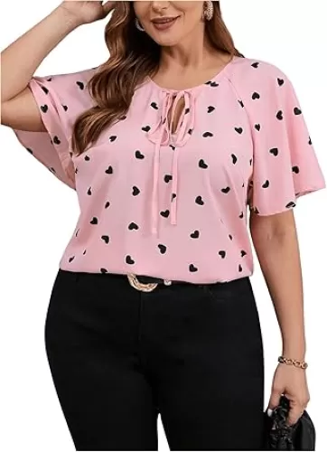 Women's Plus Size Heart Print Blouse Tie Neck Short Sleeve Dressy Casual Shirts Top