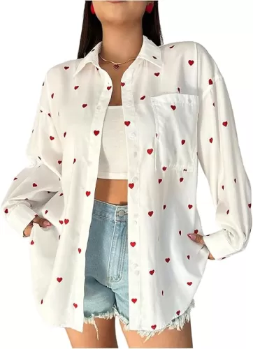Women's Plus Size Heart Print Shirt Button Down Pocket Patched Long Sleeve Collar Blouse