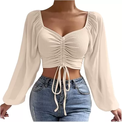 Women's Sexy Front Ruched Crop Top Sweetheart Neck Long Puff Sleeve Blouse Tie Drawstring Ruched Ribbed Shirts
