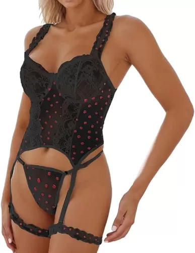 Women's Sexy Lace Lingerie Set Heart Design Teddy Bodysuit with Garter Belt for Home Comfort and