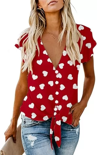 Women's Sexy Tie Front Button Flutter Sleeve Red White Blue Patriotic American Flag Holiday Blouse Tops