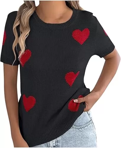 Womens Short Sleeve Tops Crewneck Knit Heart Print Tees Shirt Casual Soft Pullover 2025 Spring Summer Outfits