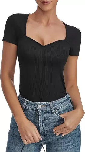 Womens Sweetheart Neck Short Sleeve Top Slim Fit Basic Ribbed T-Shirts Trendy Going Out Shirts
