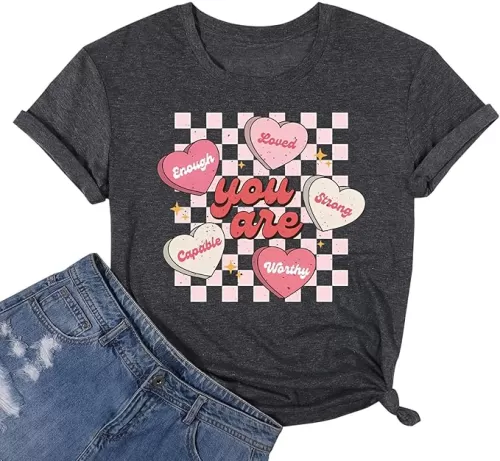 Women's Valentine Shirts Retro Candy Couple Love Heart Teacher You are Enough T-Shirt Casual Lover Gift Blouse Tops
