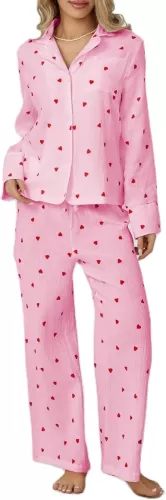 Womens Valentines Pajama Sets Cotton Pj Set Cute Heart Print Long Sleeve Button Shirt+Pants 2 Pieces Loungewear