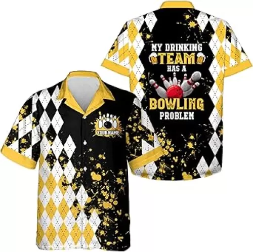 Yellow Argyle Pattern Retro Bowling Hawaiian Shirts Custom My Drinking Team Has A Bowling Problem N6951