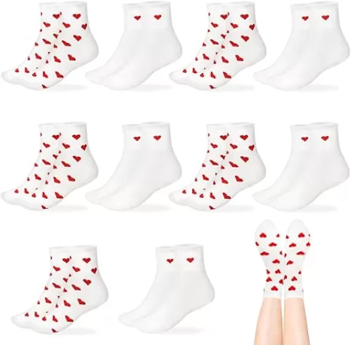 10 Pairs Cute Heart White Red Socks, 2 Styles Ankle Socks for Women, Frilly Fun Heart Pattern Crew Socks, Novelty Aesthetic Sock for Girls, Valentine