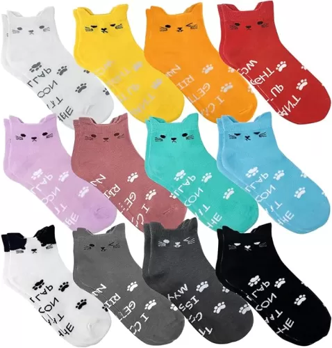 12 Pairs Cat Socks, Colorful Animal Ankle Socks, Funny Novelty Cute Cat Claw Crew Gifts Sock for Women