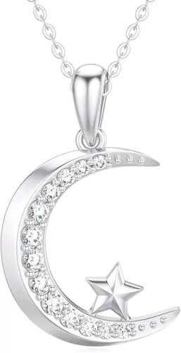14k Gold Diamond Moon Pendant Necklace for Women, Real Gold Moon and Star Jewelry Anniversary Present for Wife, Gifts for Her, (0.18 ct) 16-18 Inch