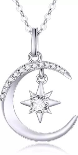 14k Gold Moon Necklace for Women, Real Gold Moon and North Star Pendant with Chain, Jewelry Gifts for Her, 16+1+1 Inch
