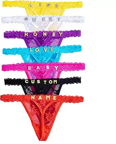 2-Pack Personalized Lace Thong Panties for Women, Sexy Custom Gold/Silver Rhinestone Lettering, Name or Phrase Customization, Hand Sewn, Comfortable and Stylish, for Women